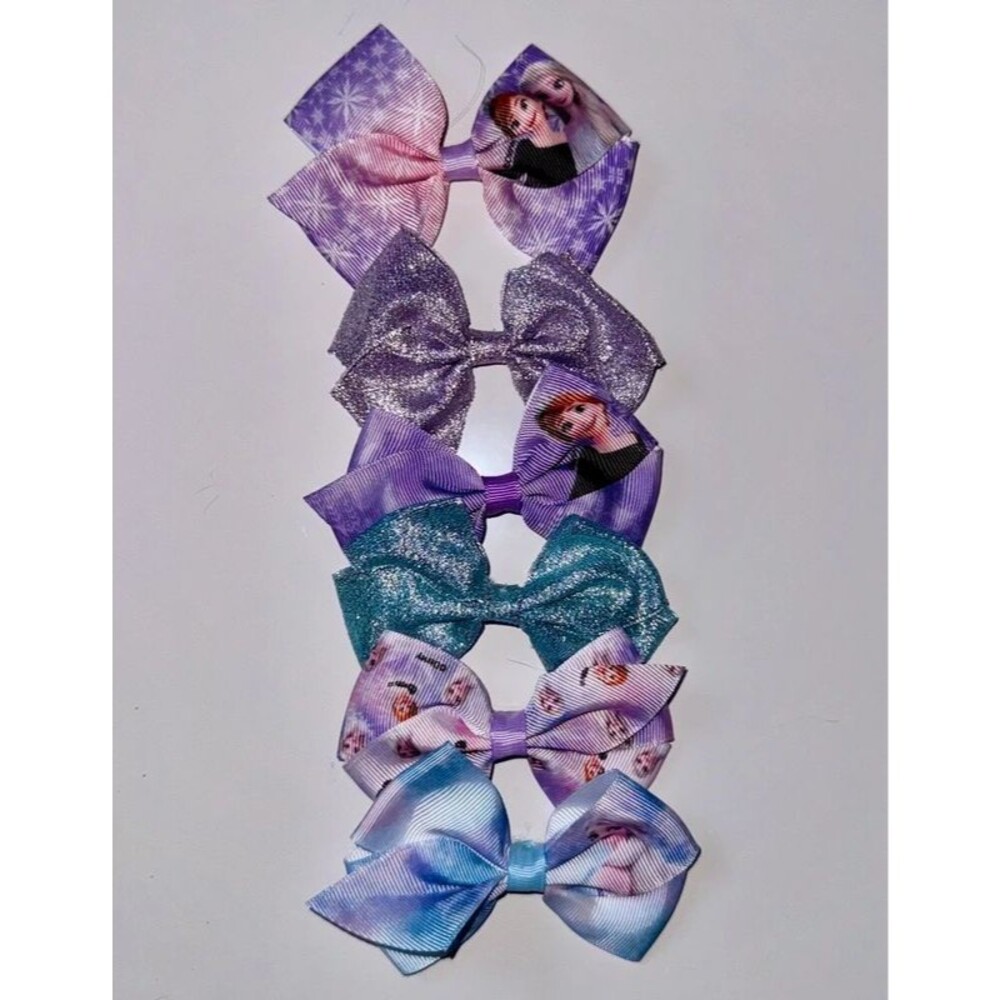 Disney Frozen Anna Elsa Hair Bow Clips 6 Pc Lot Purple Blue Glitter Girls